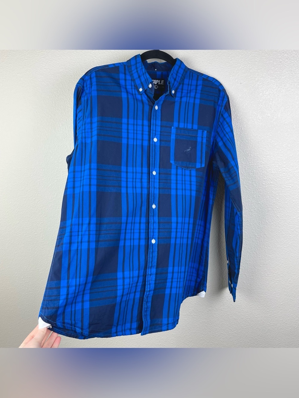 Staple Pigeon Men's Large Blue Plaid Long Sleeve Button Down Collared Shirt - Picture 10 of 16